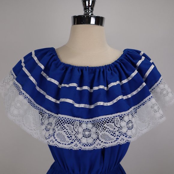 Mexican Blue Vtg Inspired NWOT Lace Peasant Hippie Boho Prairie Fiesta Dress M - Picture 1 of 7